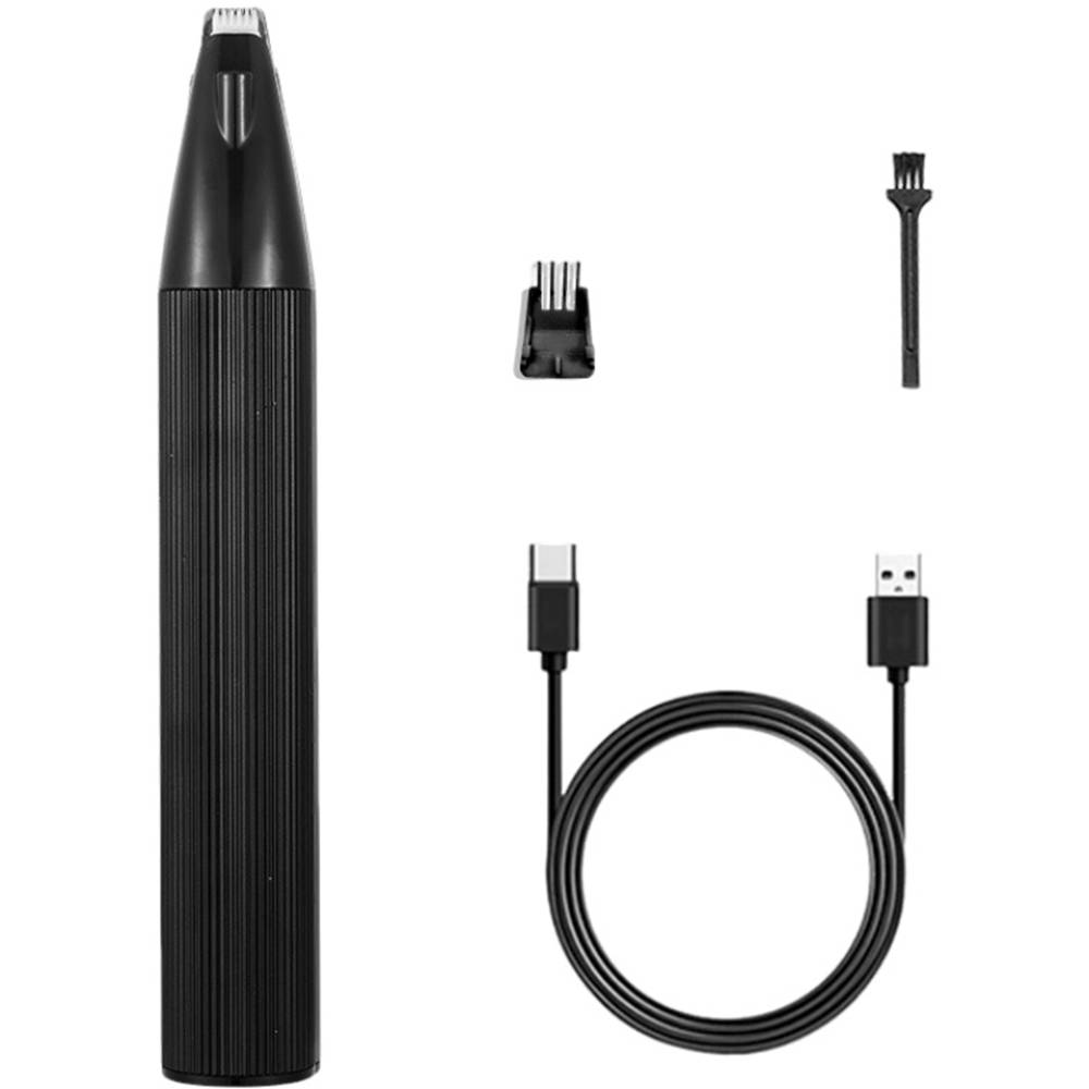 Schwarzer elektrischer Trimmer mit zwei Aufsätzen und einem USB-Ladekabel auf weißem Hintergrund.