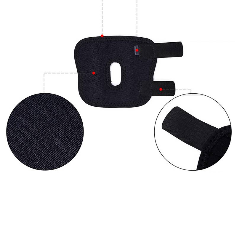 Schwarze Neopren-Stützschiene mit ovalem mittlerem Ausschnitt und zwei verstellbaren Riemen, gezeigt mit Nahaufnahmen der Materialtextur und Riemendetails.