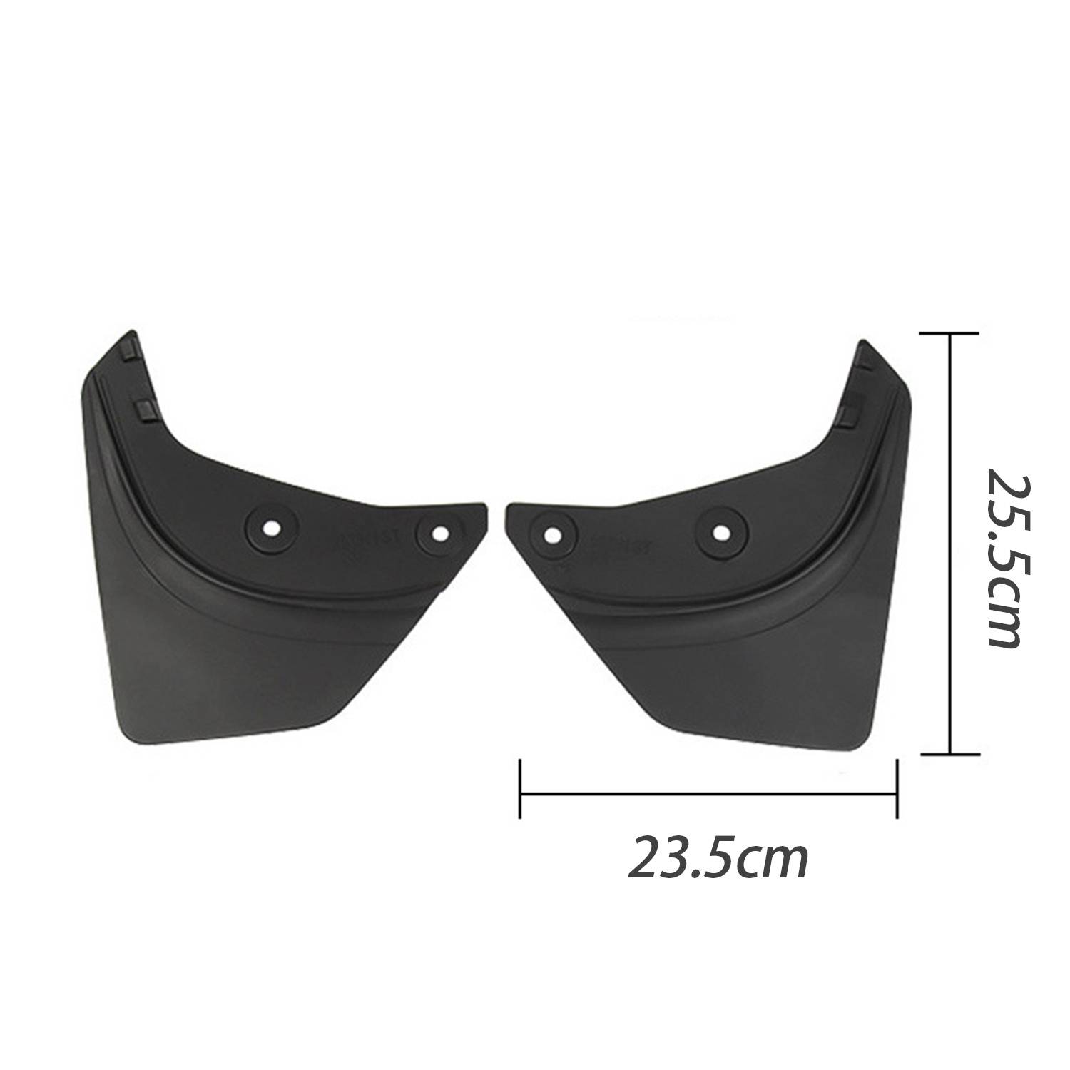 Zwei schwarze geformte Spritzschutzblätter, nebeneinander gezeigt, jeweils mit Befestigungslöchern; gekennzeichnete Abmessungen zeigen 23,5 cm Breite und 25,5 cm Höhe.