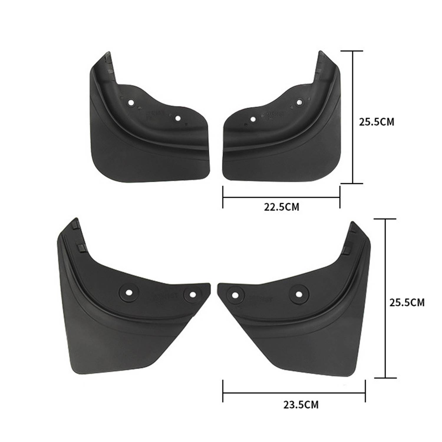 Zwei Paare schwarzer Autoschutzbleche werden mit Abmessungen angezeigt: oberes Paar 22,5 cm breit mal 25,5 cm hoch, unteres Paar 23,5 cm breit mal 25,5 cm hoch.