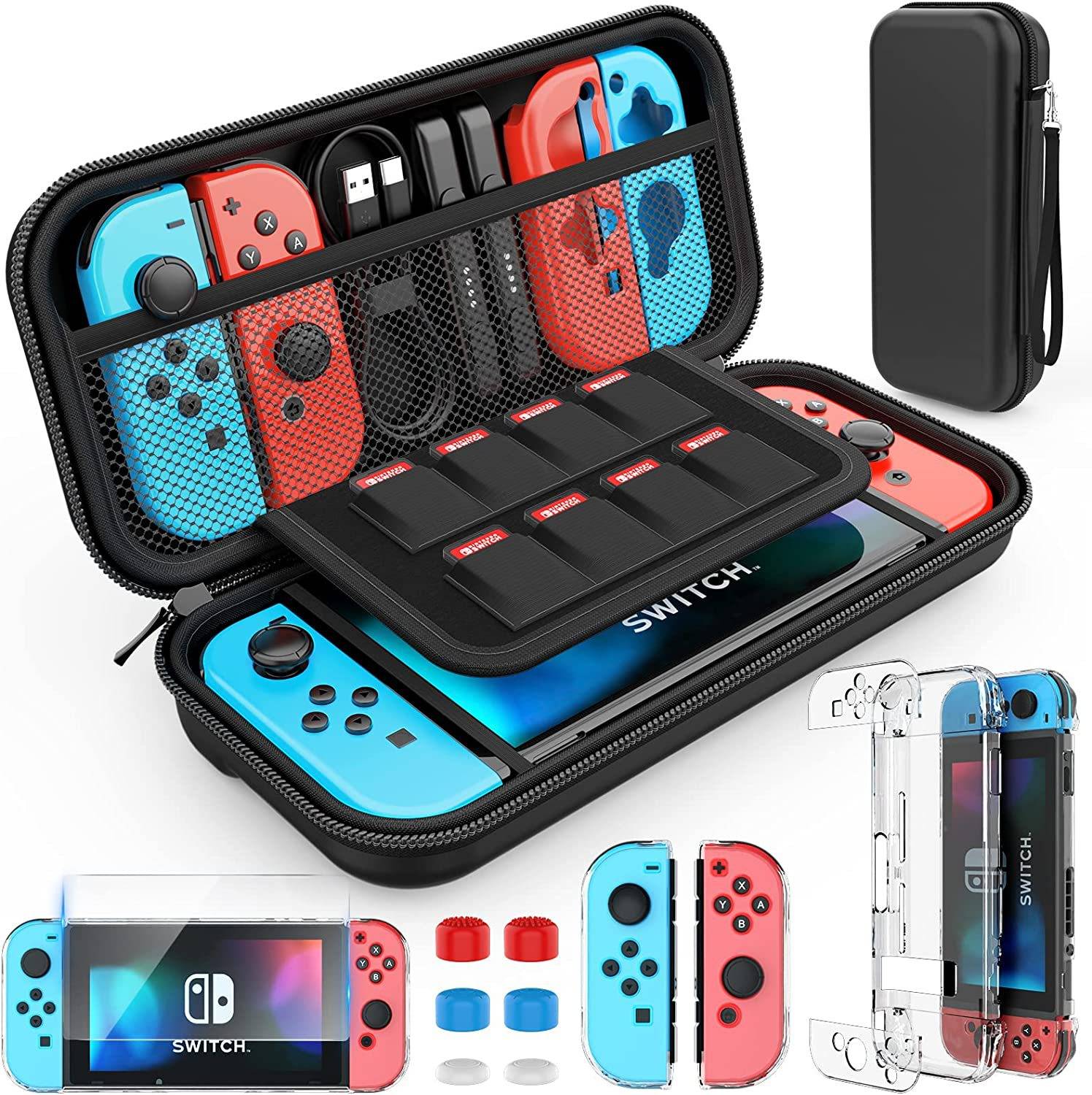 Nintendo Switch Tragekoffer mit Netztaschen und Spielkarten-Halter, dargestellt mit Konsole, Joy-Cons, Griffen, Kappen und Schutzcover.