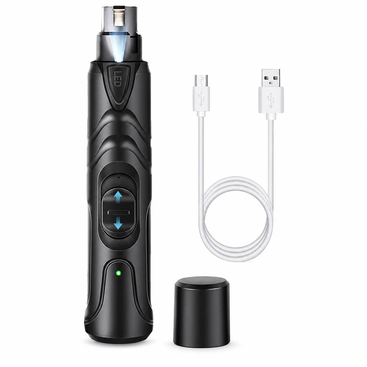 Schwarzer LED-Elektrotrimmer mit USB-Ladekabel und Schutzkappe auf weißem Hintergrund dargestellt.
