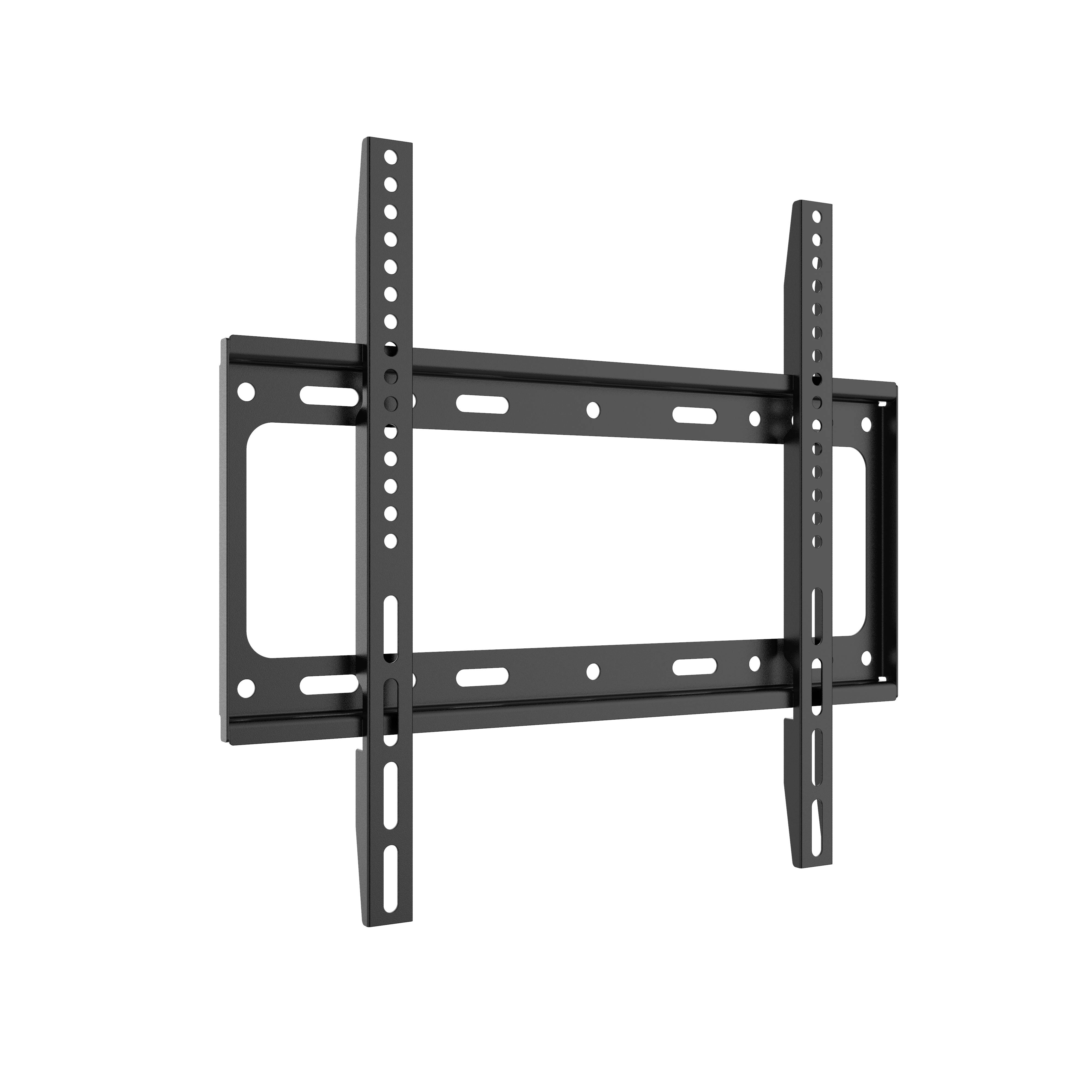 Schwarze verstellbare TV-Wandhalterung mit zwei vertikalen Schienen und horizontalem Stützrahmen auf weißem Hintergrund.