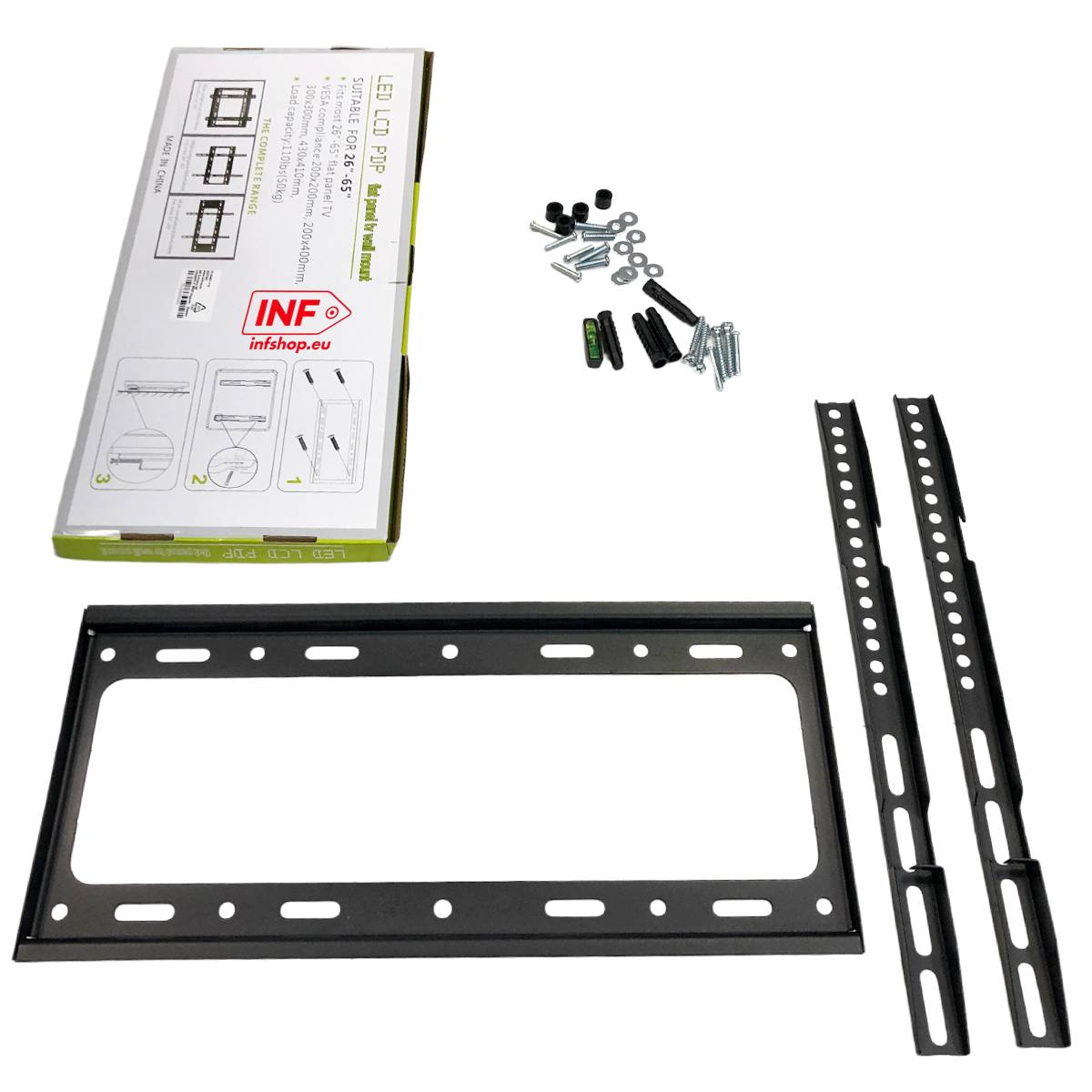 TV-Wandmontage-Set mit Halterungsrahmen, zwei vertikalen Schienen, Montagezubehör und Produktbox auf weißem Hintergrund.