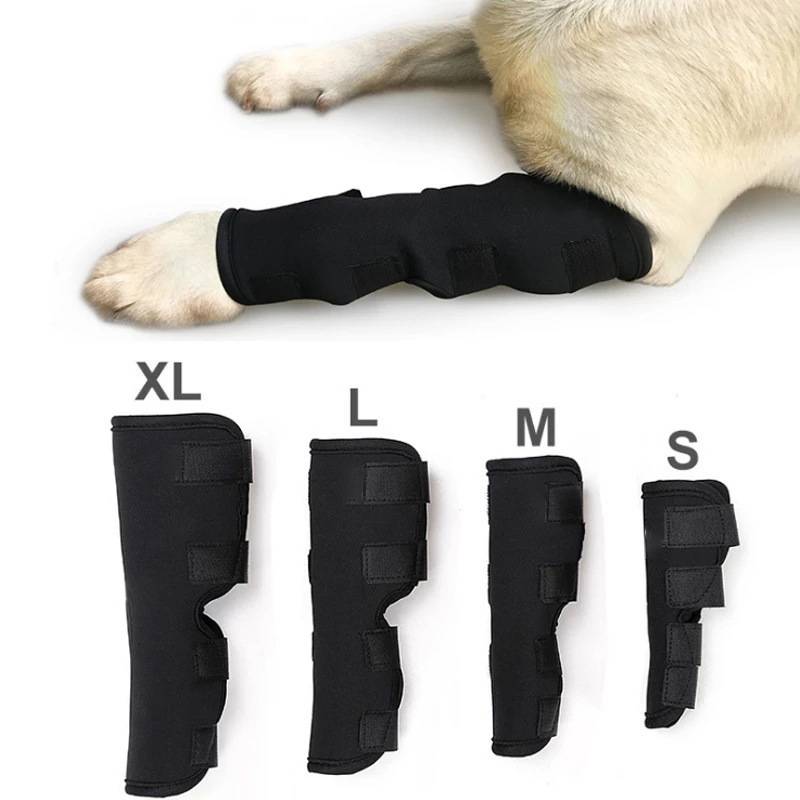 Ein Hund, der eine schwarze Schutzschiene am Bein trägt, mit vier unten gezeigten Schiengrößen mit den Bezeichnungen XL, L, M und S.