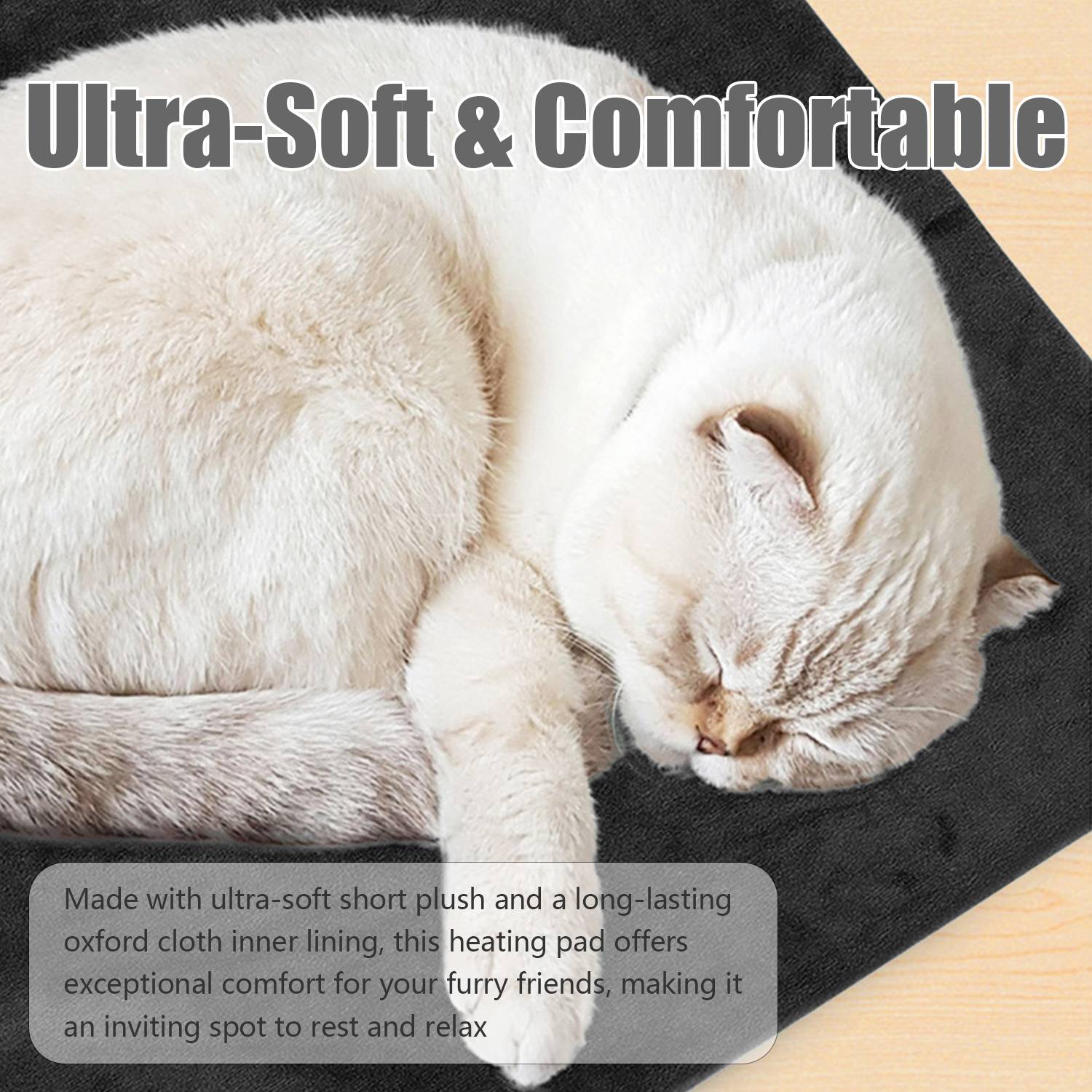 Schlafende cremefarbene Katze, zusammengerollt auf einem schwarzen gepolsterten Haustierbett; der Text sagt „Ultra-weich und komfortabel" und beschreibt ein kuscheliges Heizpad für Haustiere.
