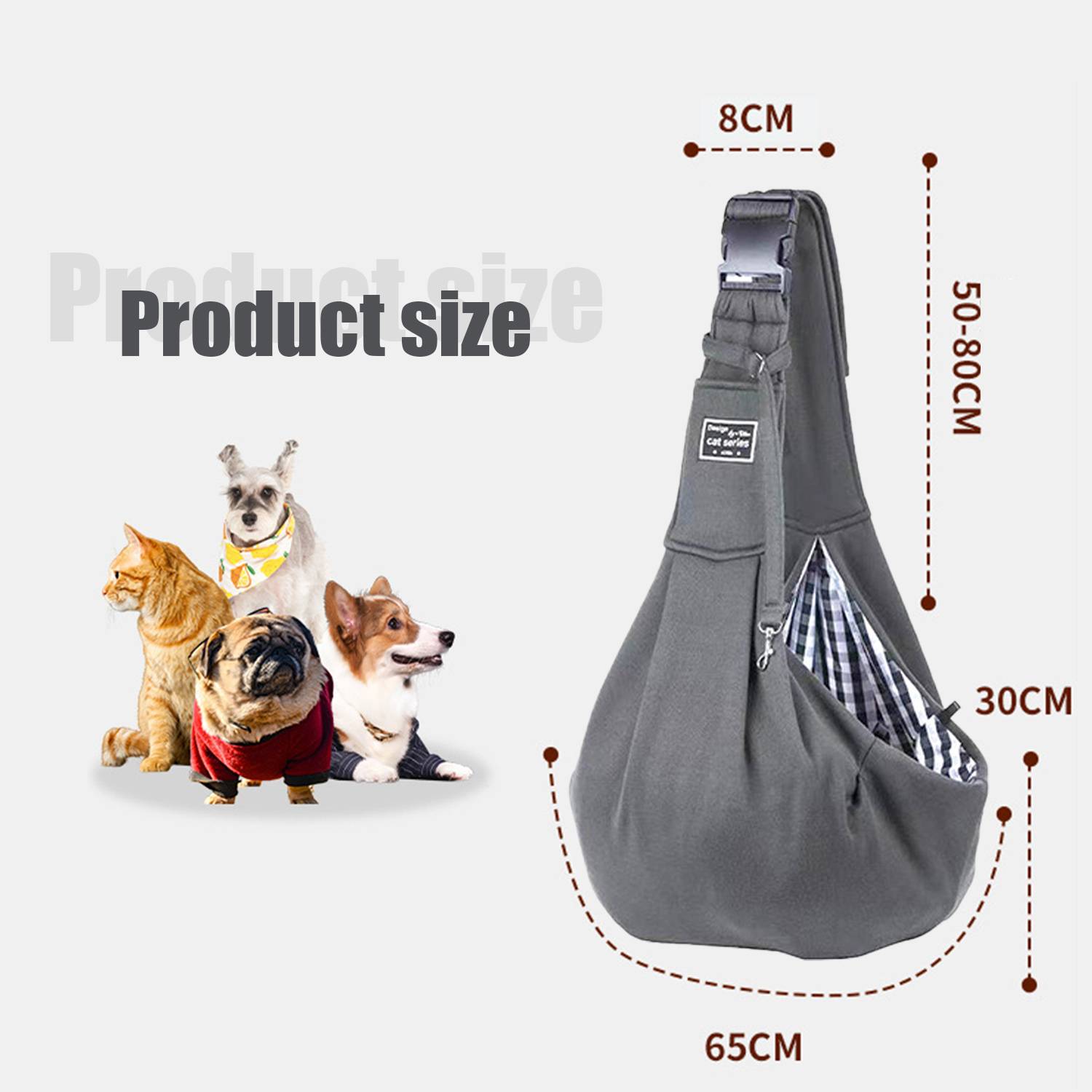 Produktgrößendiagramm für eine Haustier-Schlinge, das die Abmessungen zeigt: 8 cm Breite, 50-80 cm Riemenlänge, 30 cm Seitenhöhe und 65 cm Bodenlänge, mit kleinen Hunden zur Größendarstellung.