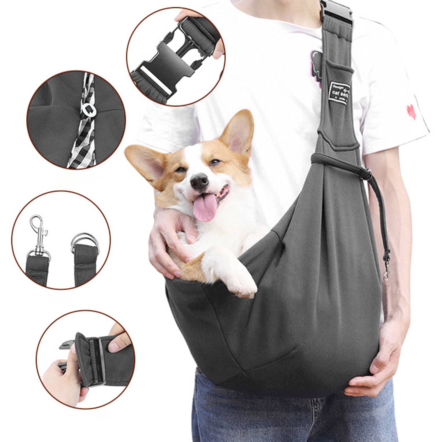 Person trägt einen Corgi in einer grauen Hundetragetasche mit Nahaufnahmen, die Riemen, Clips und Schnallendetails zeigen.