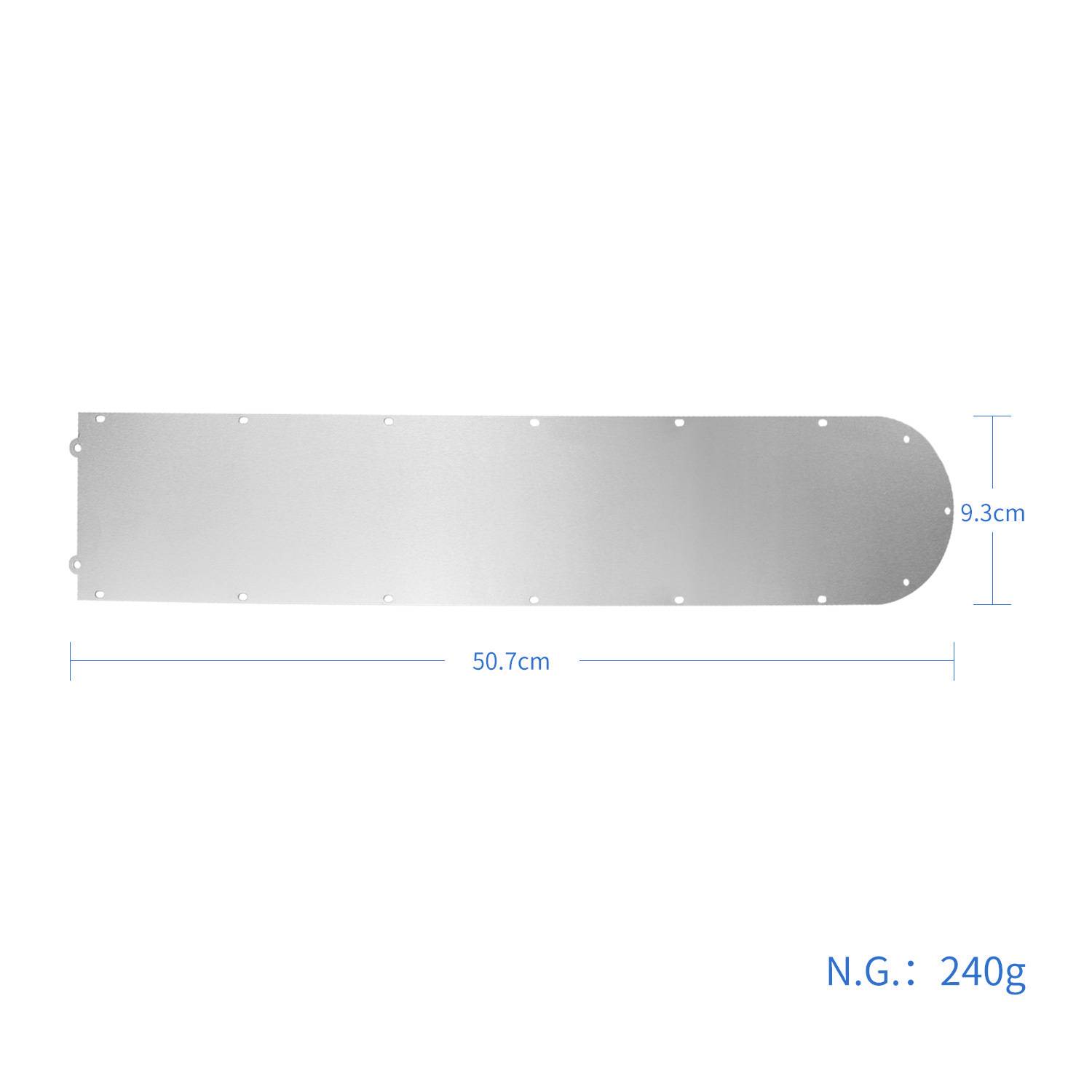 Silberne rechteckige Metallplatte mit abgerundetem rechtem Ende und Befestigungslöchern, gekennzeichnet als 50,7 cm lang, 9,3 cm hoch und 240 g.