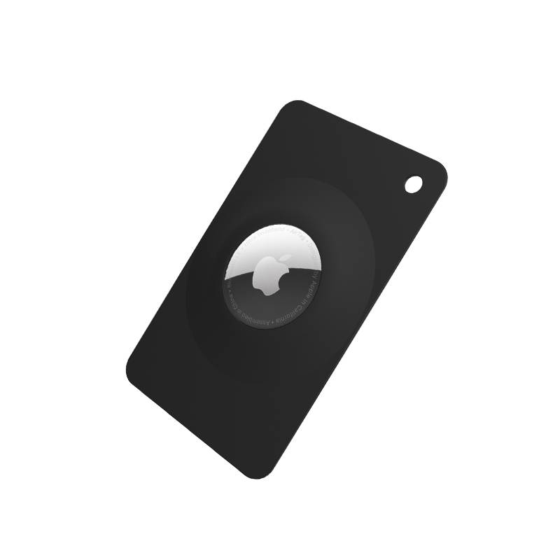 Schwarzer Apple AirTag Tracker, in Schrägansicht gezeigt mit einem Schlüsselloch in der Ecke auf weißem Hintergrund.