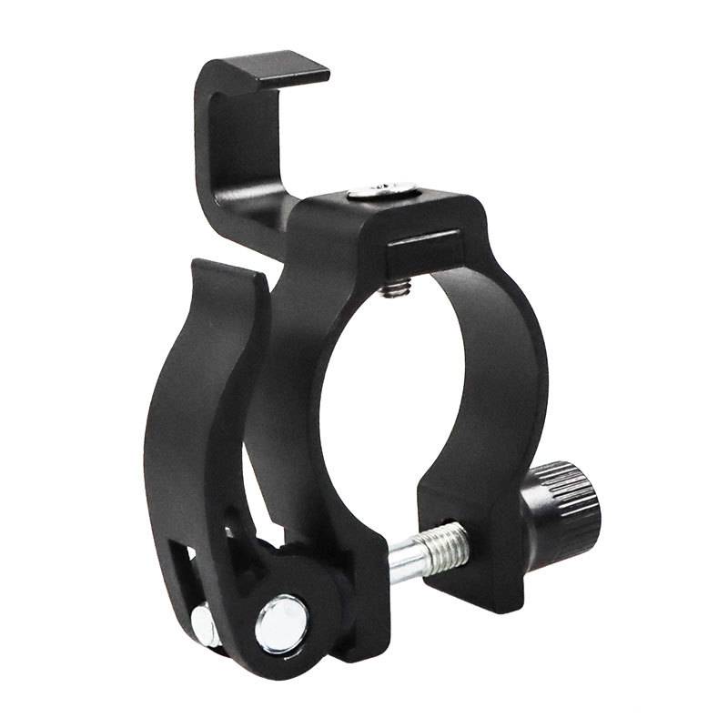 Schwarze Metallklemmhalterung mit Ring und Spannschraube, wahrscheinlich zur Befestigung eines Geräts an einem Lenker oder Rohr.