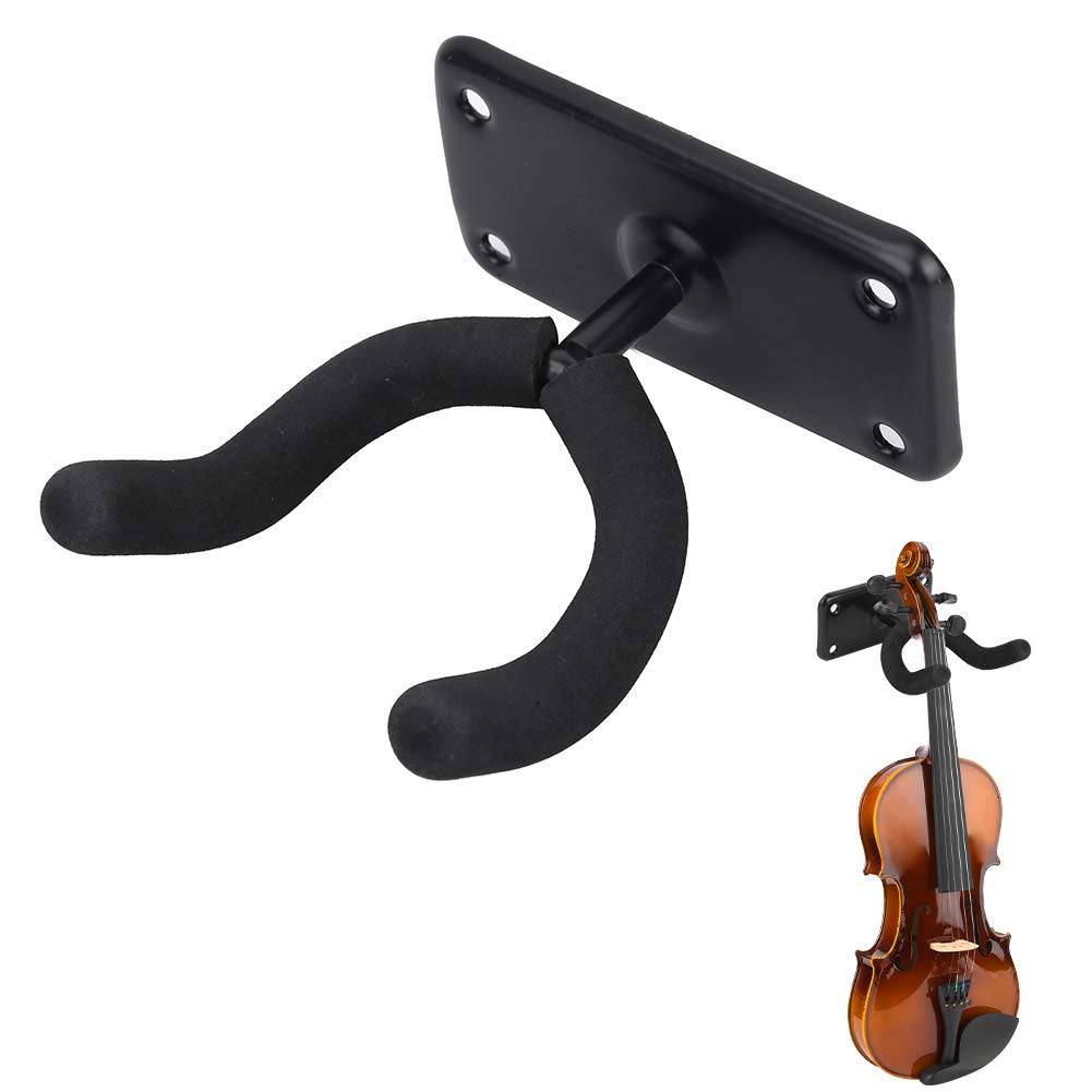 Schwarze an der Wand montierte Violinhalterung mit gepolstertem U-förmigem Haken, in der Eckinzeichnung eine Violine haltend.