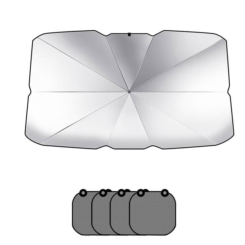 Diagramm eines silbernen reflektierenden Sonnenschirms oder einer Matte mit einer zentralen Falte und einer kleineren gefalteten Version darunter, die seine kompakte Lagerungsform zeigt.