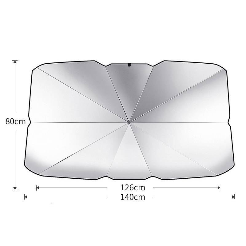 Draufsicht-Diagramm einer Autosonnenblende, die ihre Form und Größe zeigt, 140 cm breit und 80 cm hoch, mit Falzlinien, die von der Mitte ausstrahlen.