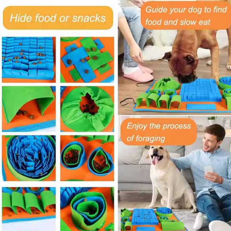 Werbekollage von Schnüffelteppichen und Puzzle-Futternäpfen für Hunde, die Hunde beim Finden von verstecktem Futter zum langsamen Fressen und zum Foraging-Enrichment zeigt.