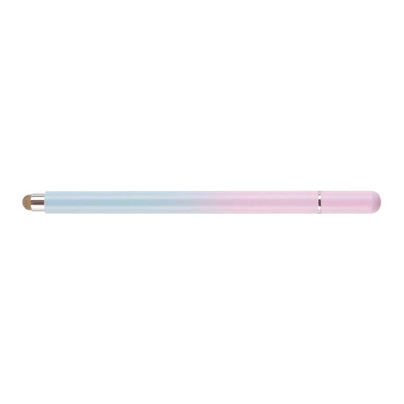Zylinderförmiger Stift in Pastellblau bis Rosa mit metallischer Spitze und abgerundetem rosa Deckel auf weißem Hintergrund.