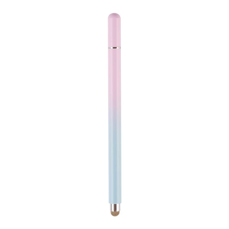 Ein schlanker, zylindrischer Stift oder Stylus in Pastellrosa bis Blau mit einer metallischen Spitze, aufrecht auf weißem Hintergrund dargestellt.