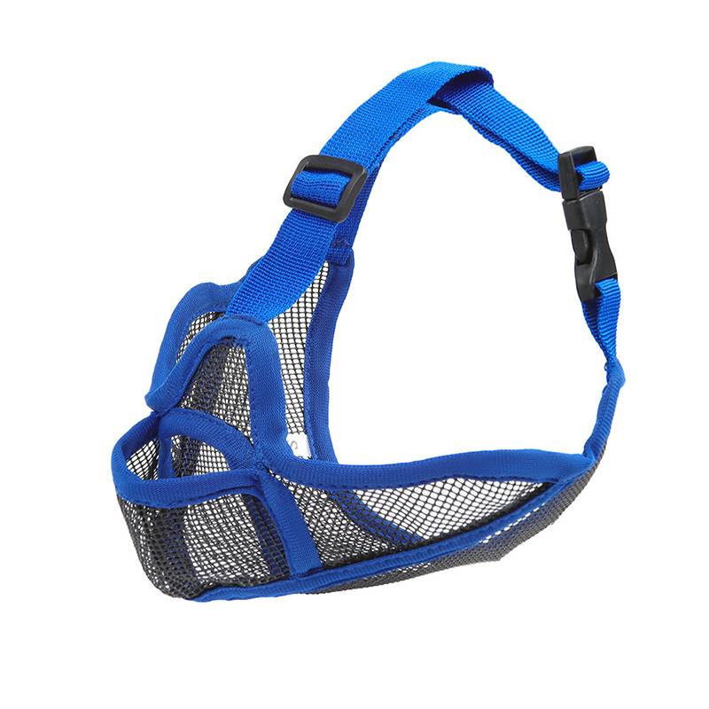 Blauer Hundemaulkorb aus Mesh mit verstellbarem Riemen und Schnalle, konstruiert, um über die Schnauze eines Hundes zu passen und Beißen zu verhindern.