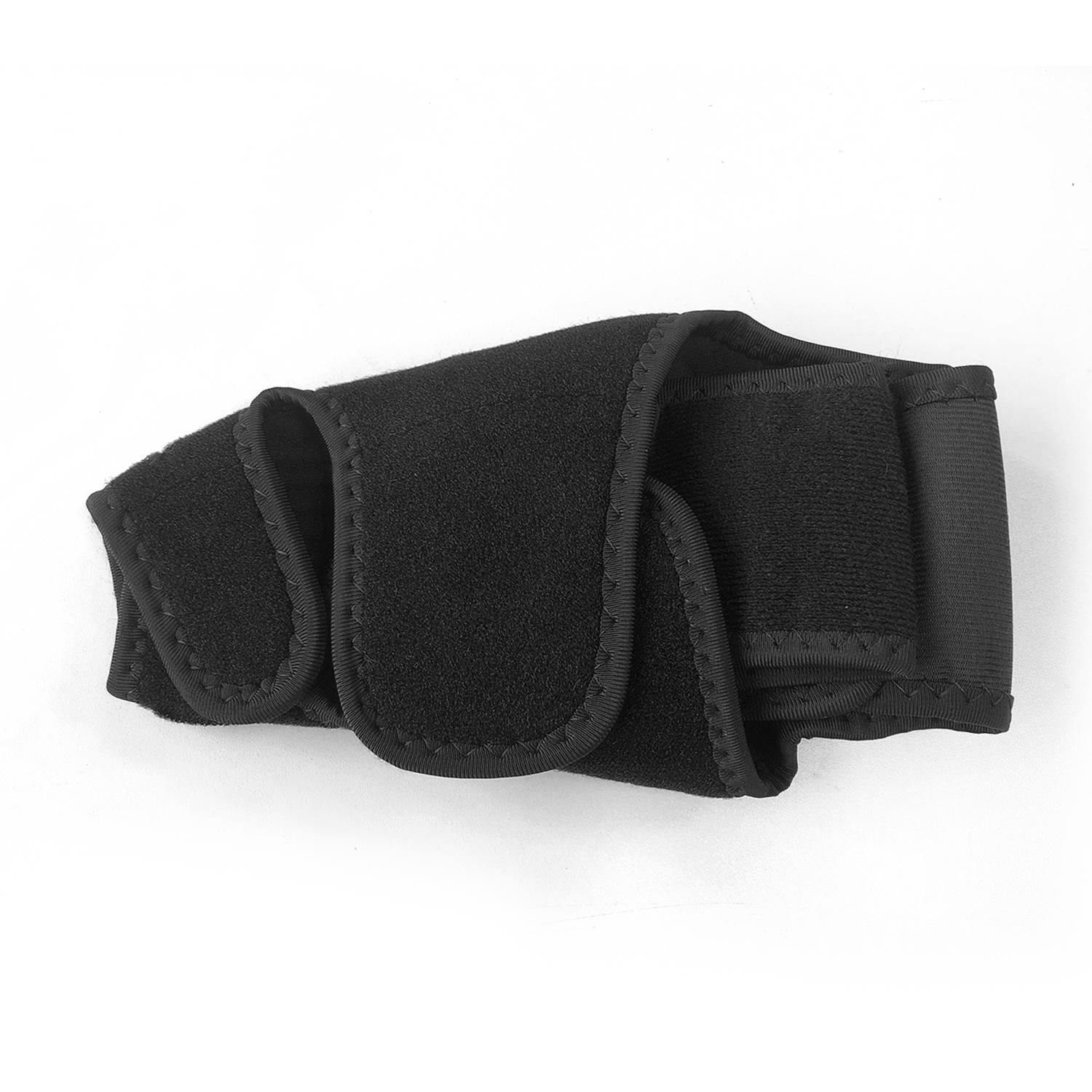 Schwarze Neopren-Handgelenkstütze mit verstellbarem Klettverschluss-Riemen auf weißem Hintergrund.