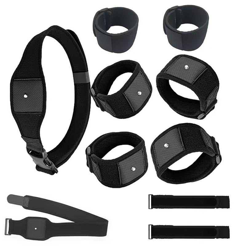 Schwarze verstellbare Halsband- und Handgelenk-/Fußgelenk-Manschetten in mehreren Größen und Ansichten, einschließlich Schnallen und Befestigungsgurte.
