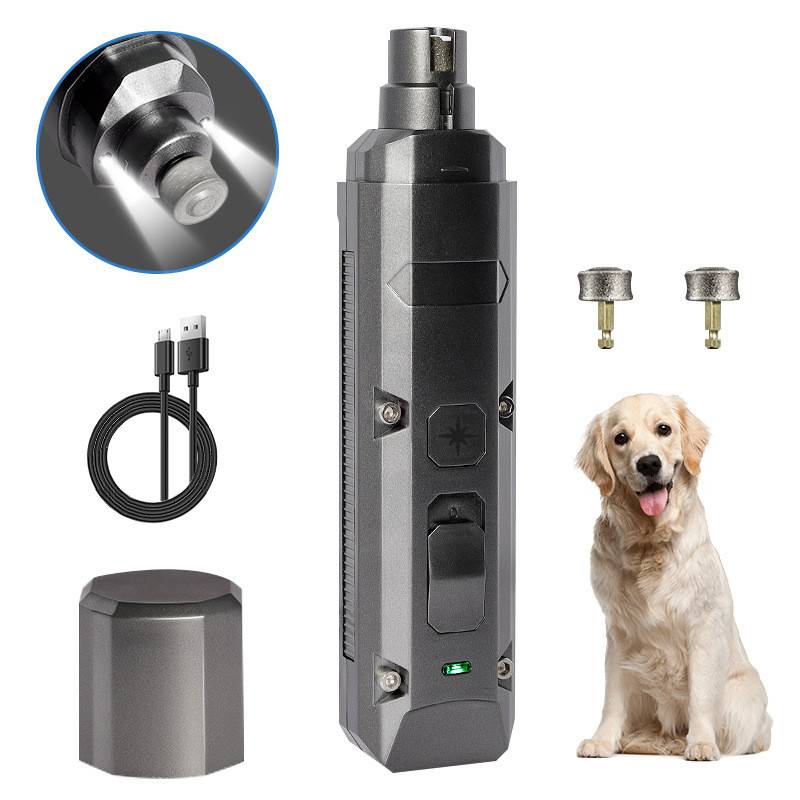 Tragbares schwarzes Hundetrainingegerät mit USB-Kabel, zwei Metallkontaktkappen und einem Golden Retriever zur Größenveranschaulichung/Verwendung.