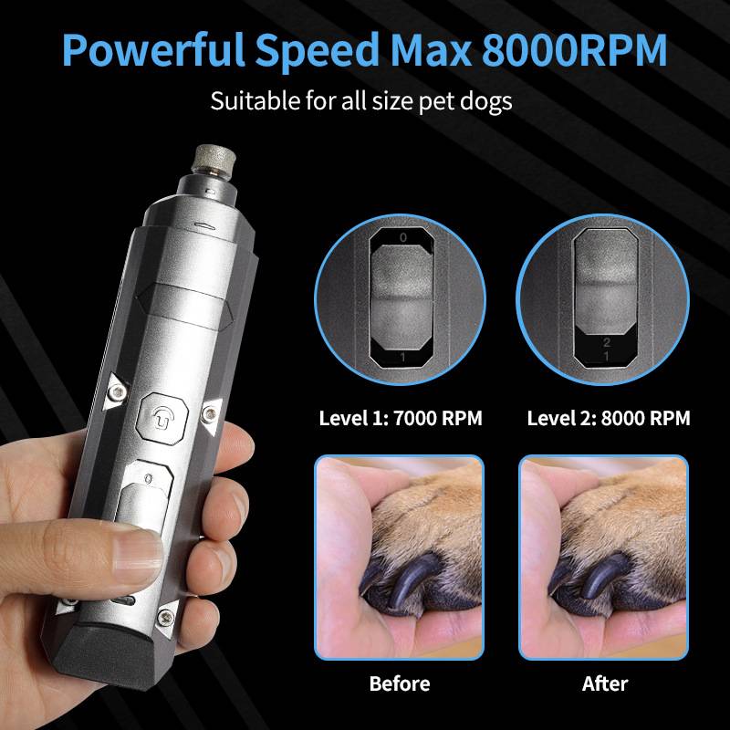 Werbegrafik für einen Hundekrallenschleifer, der „Powerful Speed Max 8000 U/min