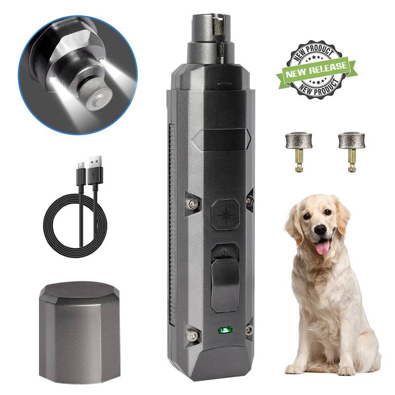 Produktfoto eines tragbaren Haustier-Nagelschleifers mit USB-Ladekabel, zwei Schleifaufsätzen und einem Hund, der die Verwendung zur Haustierpflege zeigt.