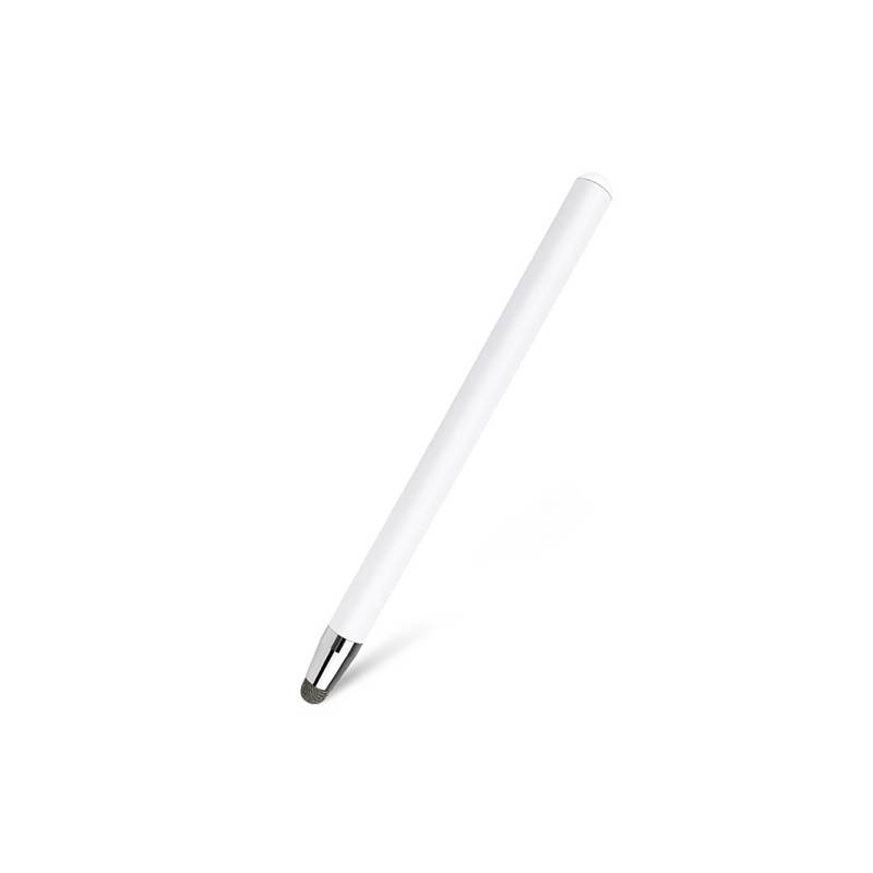 Weißer Stift mit Stylus-Spitze und silberner Spitze auf einfachem weißem Hintergrund.