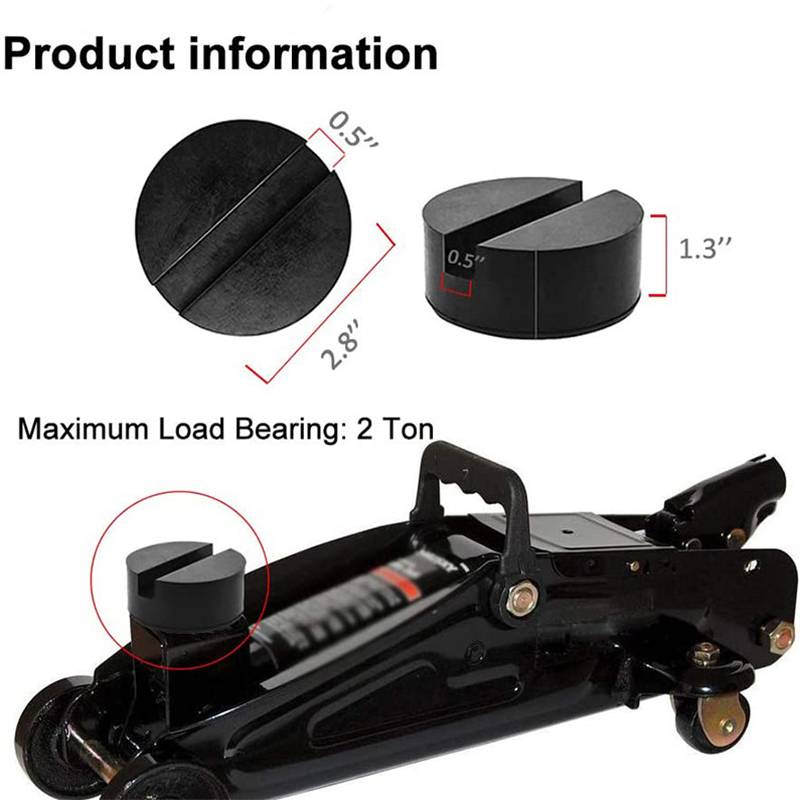 Produktinformation für ein Wagenheberauflagepad mit einem Durchmesser von 2,8 Zoll, einer Höhe von 1,3 Zoll, einem Schlitz von 0,5 Zoll und einer maximalen Tragfähigkeit von 2 Tonnen.