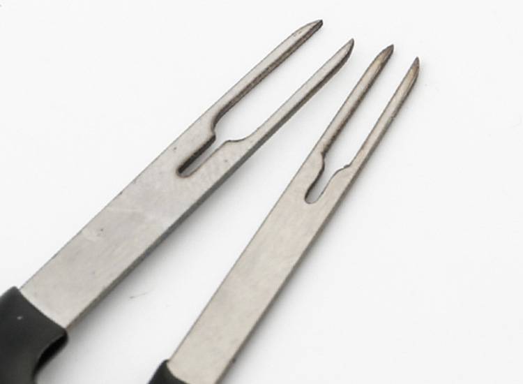 Nahaufnahme von zwei Metallgabelzinken eines Bestecks, gezeigt auf weißem Hintergrund.