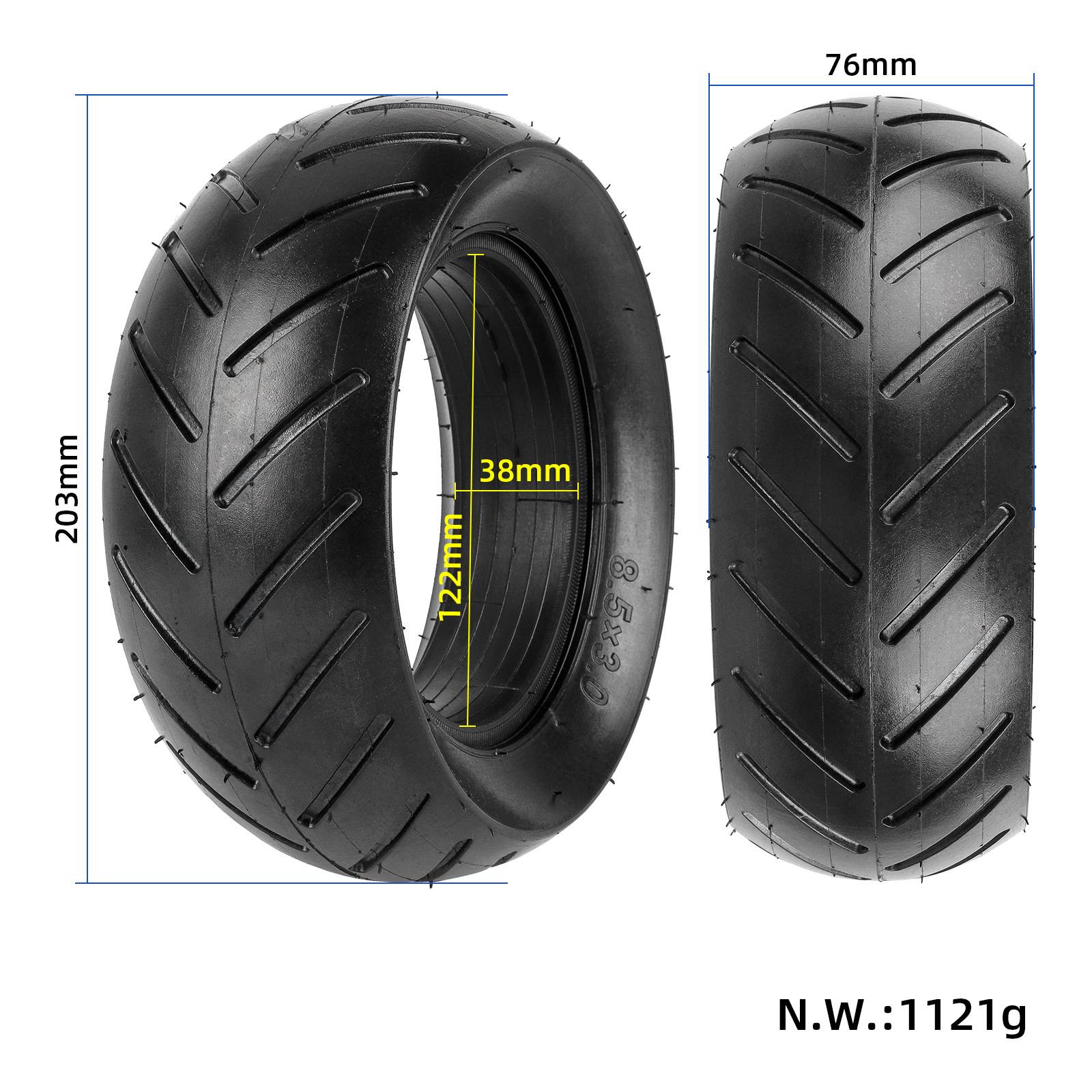 Produktfoto eines schwarzen Reifens mit gekennzeichneten Abmessungen: 203 mm Höhe, 76 mm Breite, 122 mm Innendurchmesser, 38 mm Felgenbreite und Nettogewicht 1121 g.