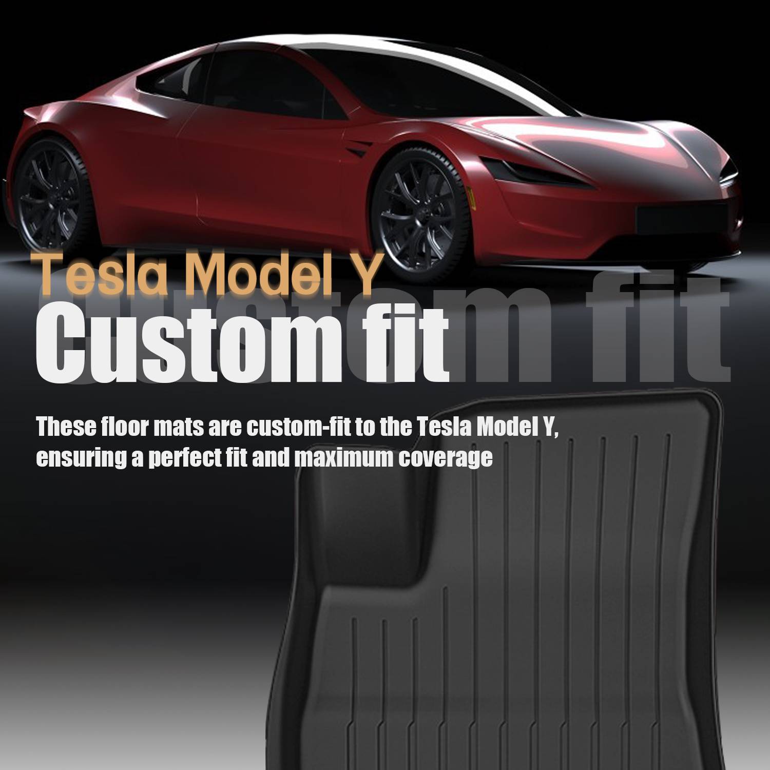 Tesla Model Y maßgefertigte Fußmatten, gezeigt mit einem roten Tesla oben, wobei die perfekte Passform und maximale Abdeckung betont wird.