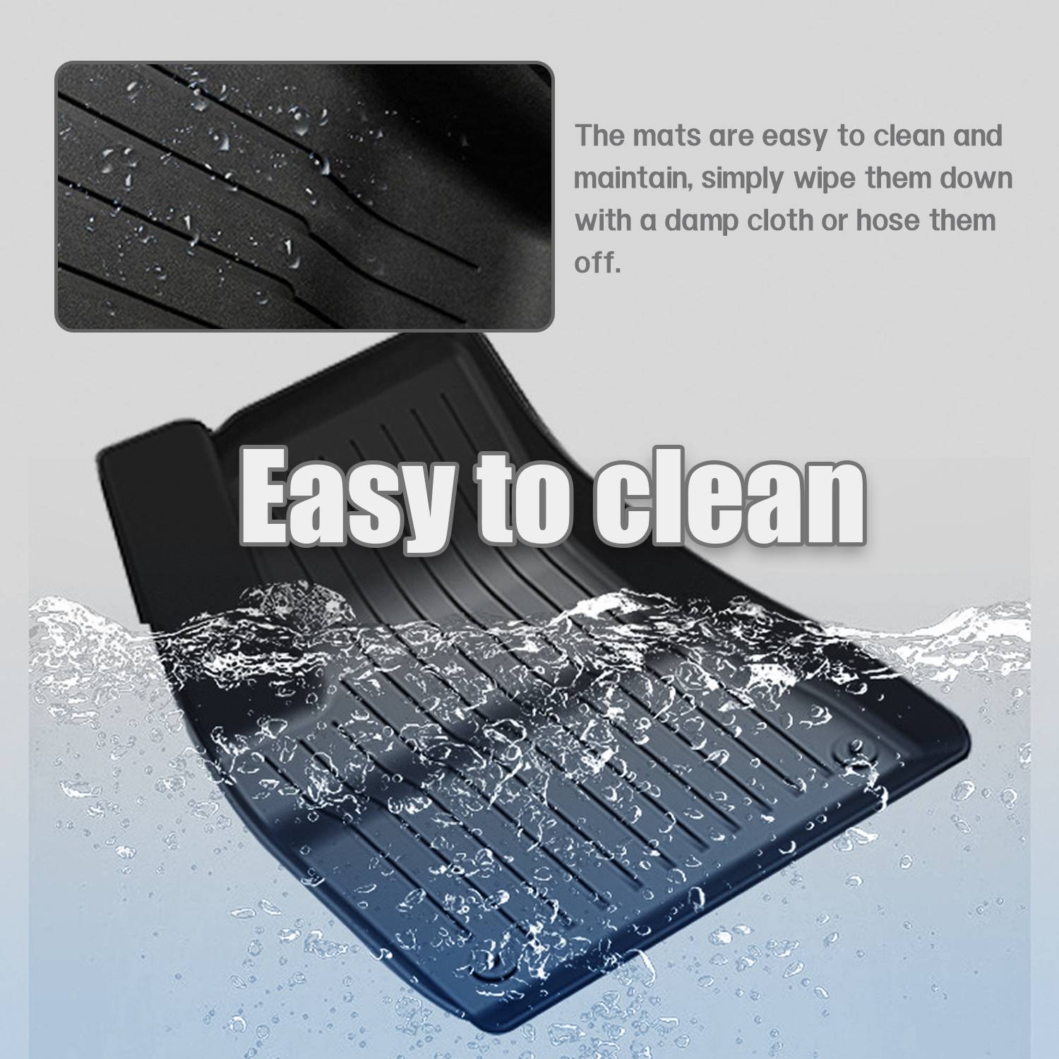 Werbebild einer schwarzen Automatte, die mit Wasser gespült wird, mit dem Text „Leicht zu reinigen