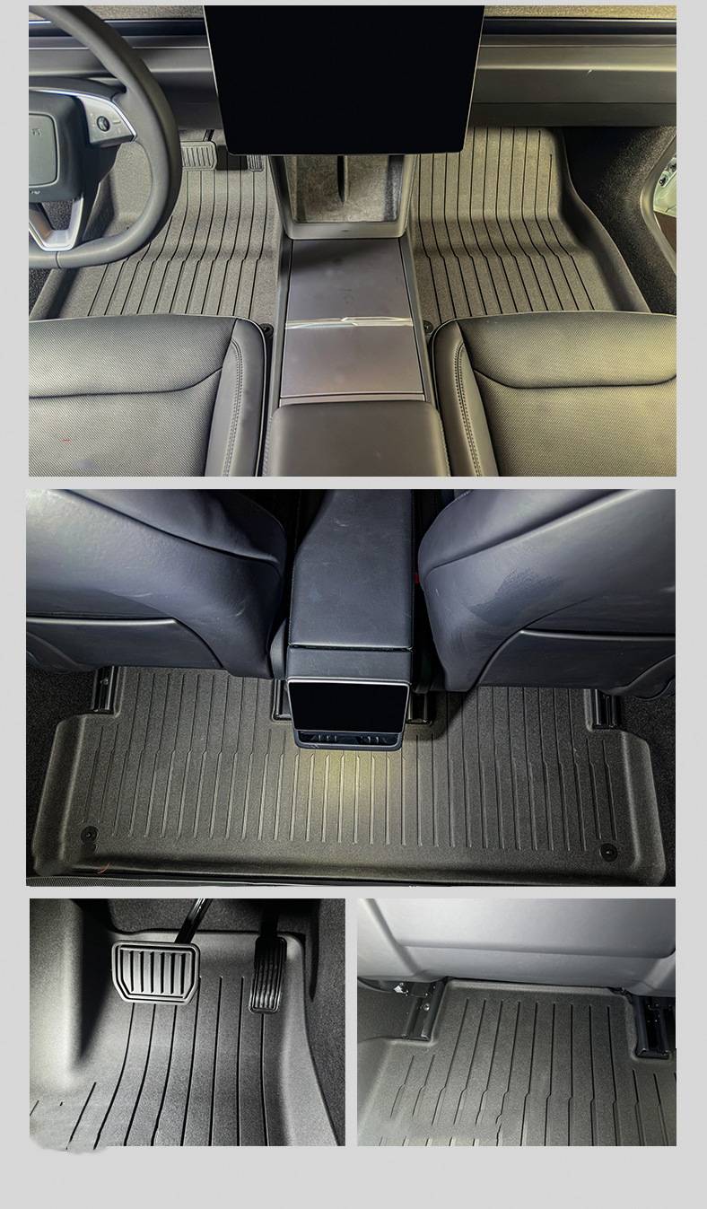 Collage eines Fußraums und der Mittelkonsole eines Autos, das gerillte Fußmatten, Pedale und Fußraum der Rückbank aus vorderen und hinteren Ansichten zeigt.