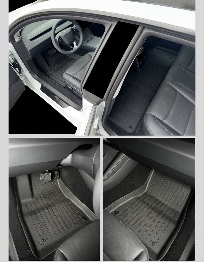 Collage des Innenraums eines Autos mit sauberen Vorder- und Rücksitzen sowie passgenauen Allwetter-Fußmatten.