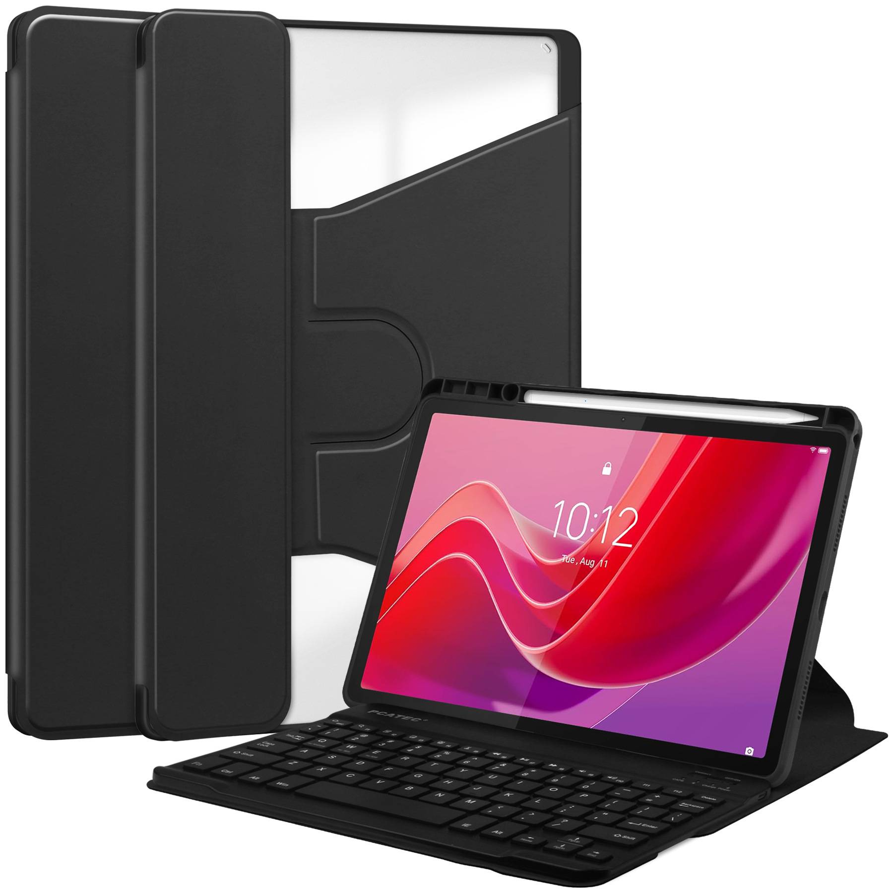 Tablet in einem schwarzen Tastaturgehäuse mit Schutzhülle, geöffnet in einem Winkel auf weißem Hintergrund dargestellt.