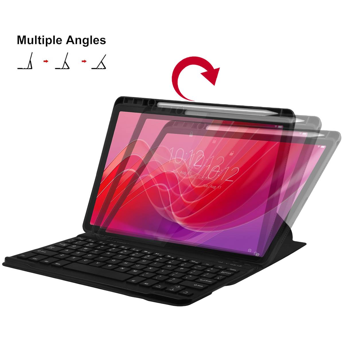 Tablet mit Tastaturhülle und verstellbarem Ständer, dargestellt aus mehreren Betrachtungswinkeln, mit Betonung auf Bildschirmneigung und Rotation.