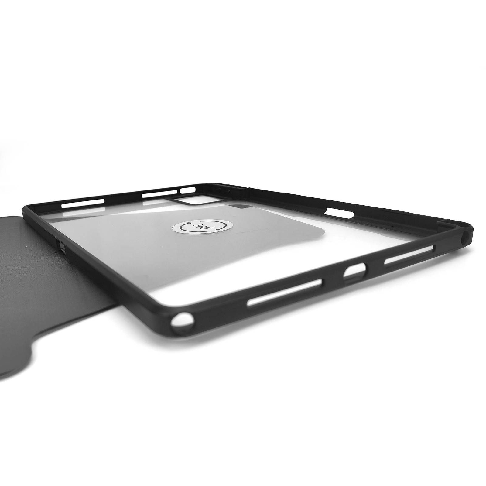 Schwarze Smartphone-Hülle mit durchsichtigem Rücken und erhöhten Stoßkanten, auf weißem Hintergrund abgebildet.