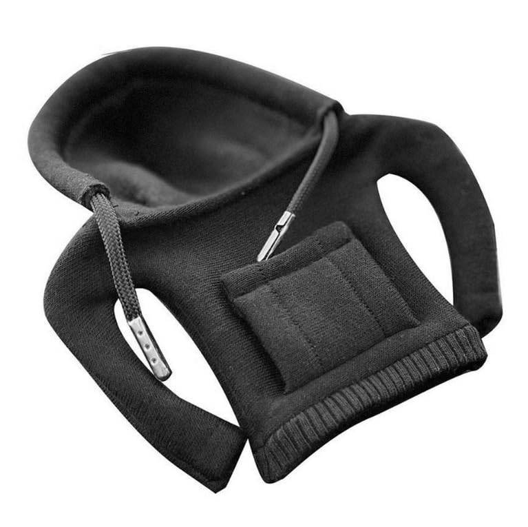 Schwarze Stoffmanschette oder Handgelenkstütze mit offener Daumenloch und verstellbaren Riemen, isoliert auf weißem Hintergrund gezeigt.