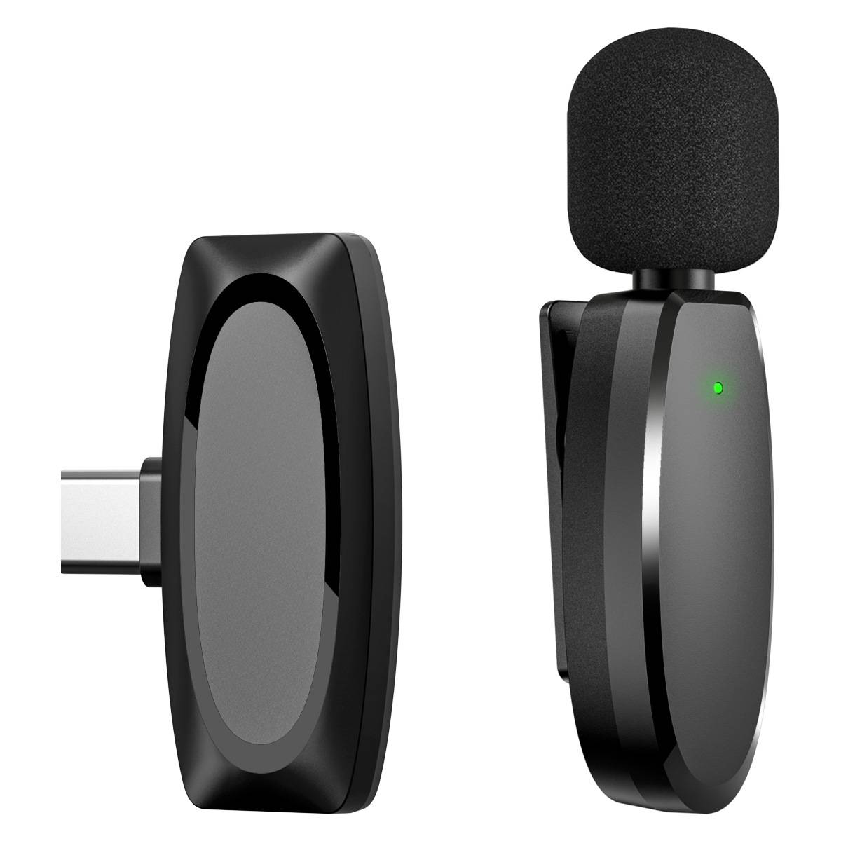 Schwarzes kabelloses Lavalier-Mikrofon mit Schaumstoff-Windschutz, von vorne und von der Seite gezeigt, mit grüner Statusleuchte und USB-Stecker.