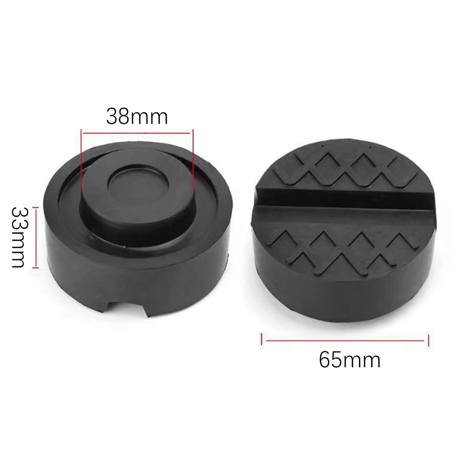 Schwarzes rundes Gummi-Wagenheber-Pad von oben und von der Seite gezeigt, beschriftet mit 38mm Durchmesser, 33mm Höhe und 65mm Basisbreite.
