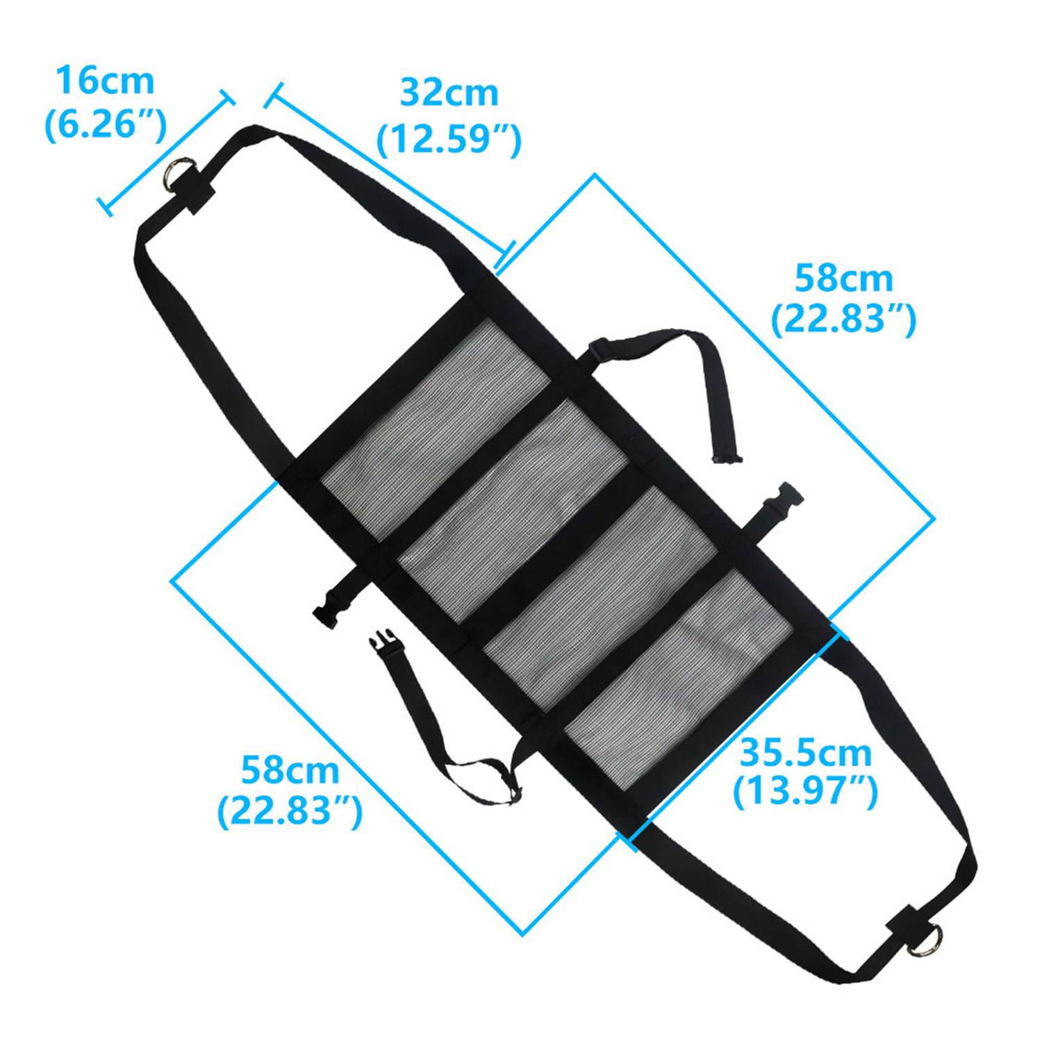 Schwarzer Netz-Hängeorganizer mit Riemen und Ringen, mit beschrifteten Abmessungen: 58 cm lang, 35,5 cm breit, 32 cm obere Breite, 16 cm Griffbreite.