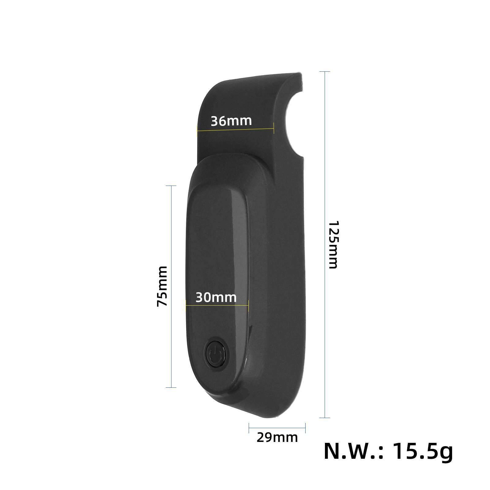 Schwarzes Kunststoffzubehör mit beschrifteten Abmessungen: 125mm Höhe, 36mm Breite, 30mm und 75mm Innenmaße, 29mm Tiefe und Nettogewicht 15,5g.