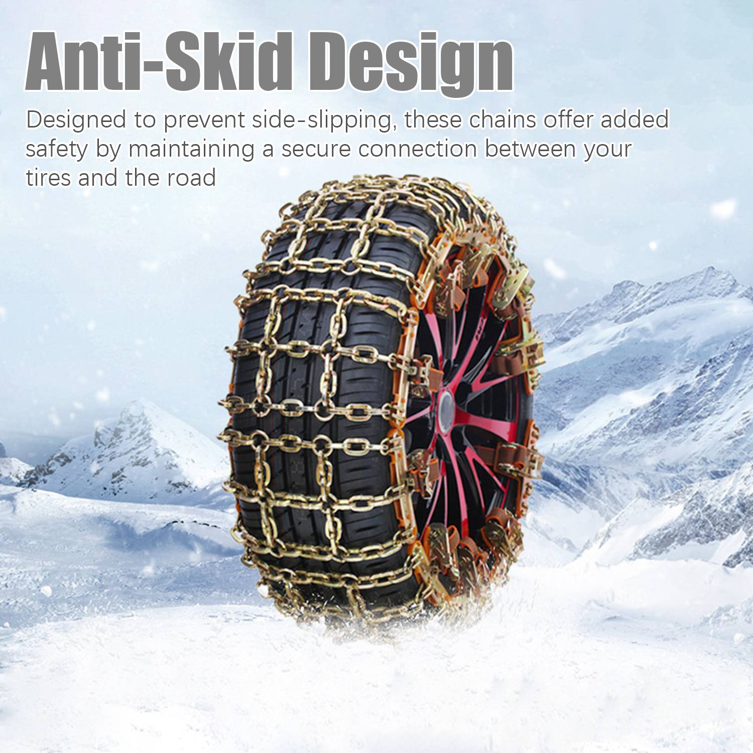 Rutschsichere Reifenkette an einem Autoreifen in schneebedeckten Bergen, mit der Bezeichnung „Anti-Rutsch-Design