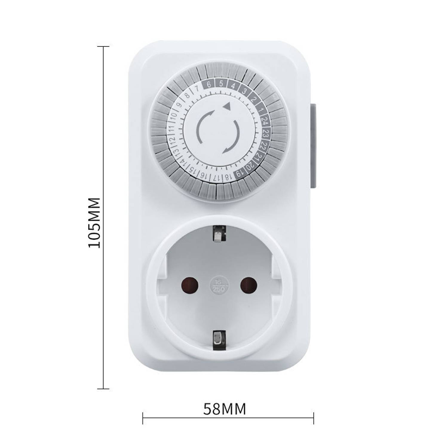Weißer mechanischer Stecker-Zeitschalter mit Runduhr; Abmessungen: 105 mm Höhe und 58 mm Breite.
