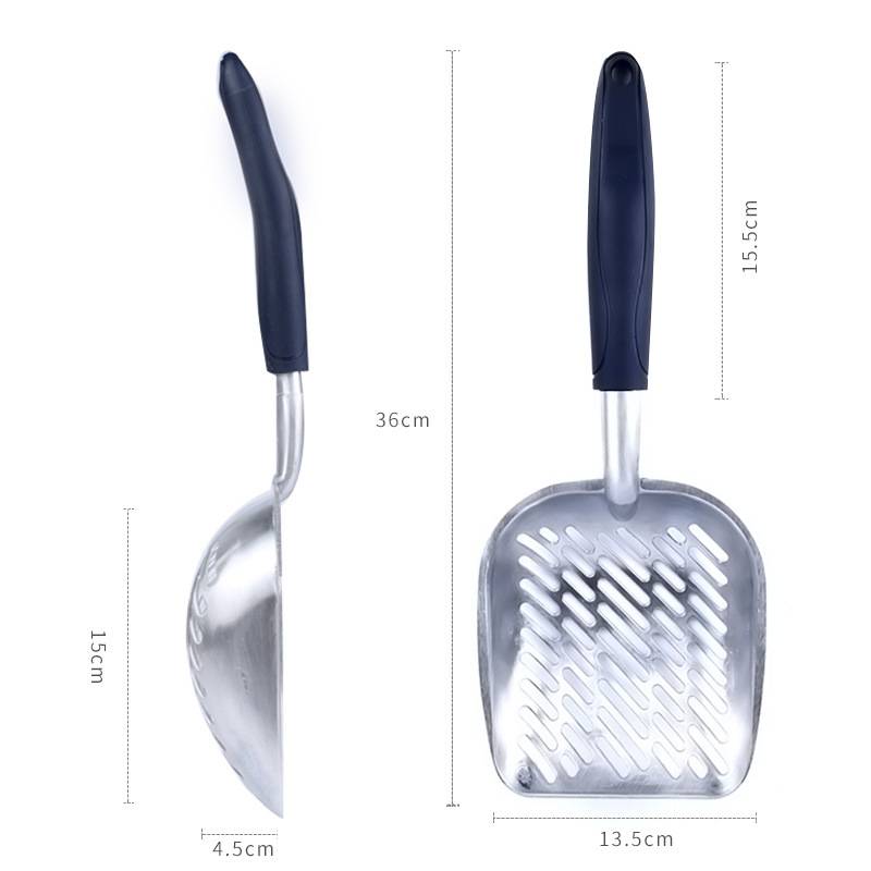 Produktbild einer Metallschaufel oder eines Metallschippe mit schwarzem Griff, gezeigt in Vorder- und Seitenansicht mit Abmessungen: 36 cm lang, 13,5 cm breit, 15 cm tief, Griff 15,5 cm.