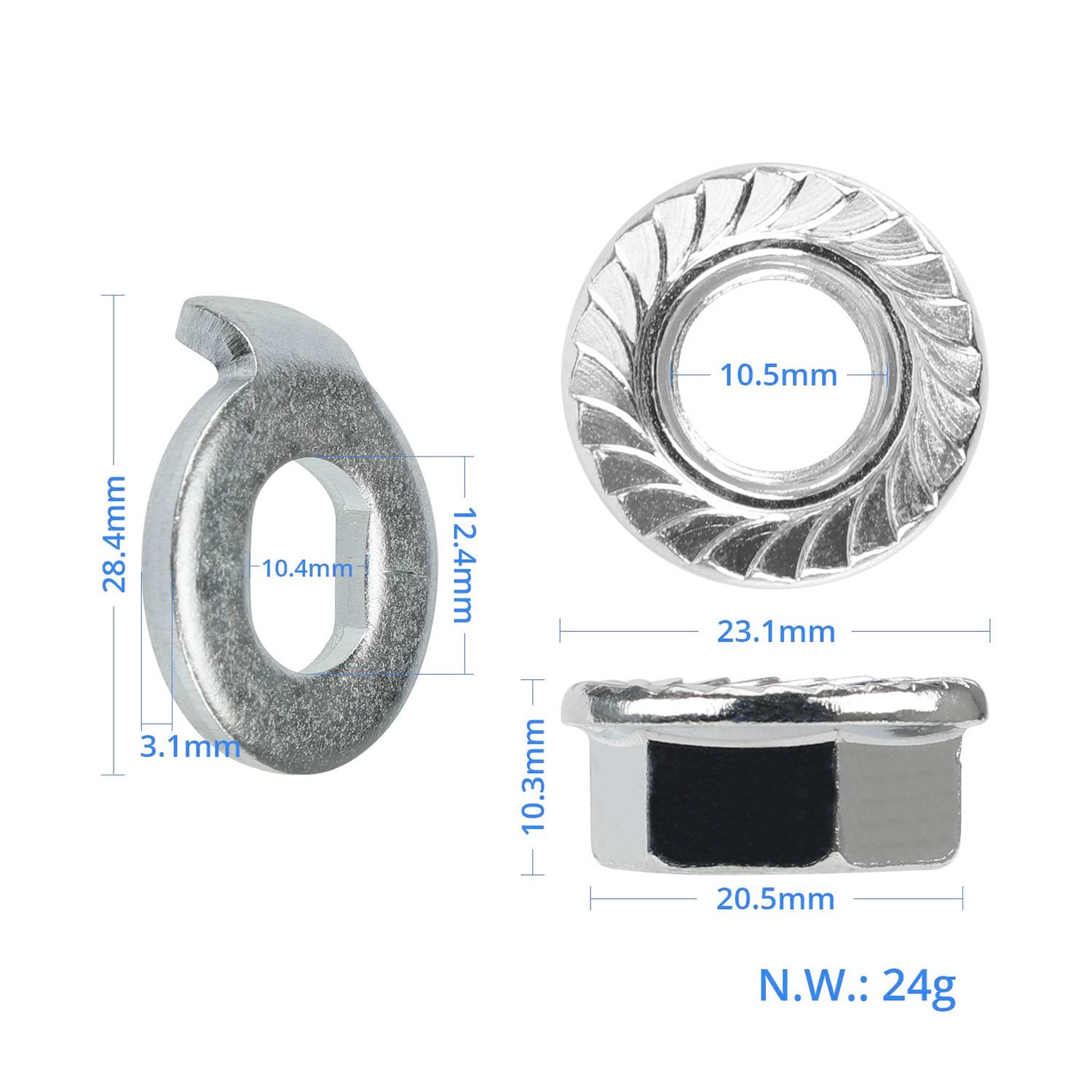 Dimensionsdiagramm einer Metallfastener/Mutter mit drei Ansichten, die Durchmesser- und Höhenmessungen in Millimetern und das Gewicht 'N.W.: 24g' zeigen.