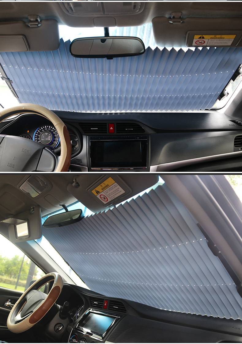 Innenraum eines Autos mit einem zusammengeklappten Windschutzscheiben-Sonnenschutz/einfahrbarem Visier, das die Frontscheibe bedeckt, aus zwei Blickwinkeln gezeigt.