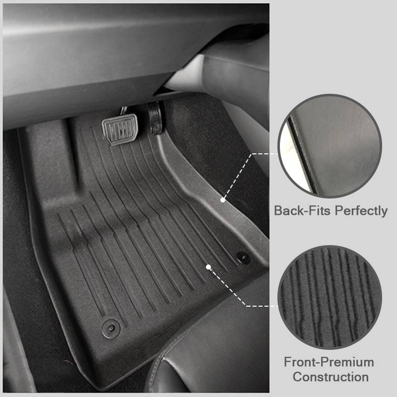 Autofußmatte mit gerippter Textur in der vorderen Fußraumzone, mit perfekter Passform und gekennzeichnet mit "Rück-Passt perfekt"" und ""Vorne-Premium-Verarbeitung"".