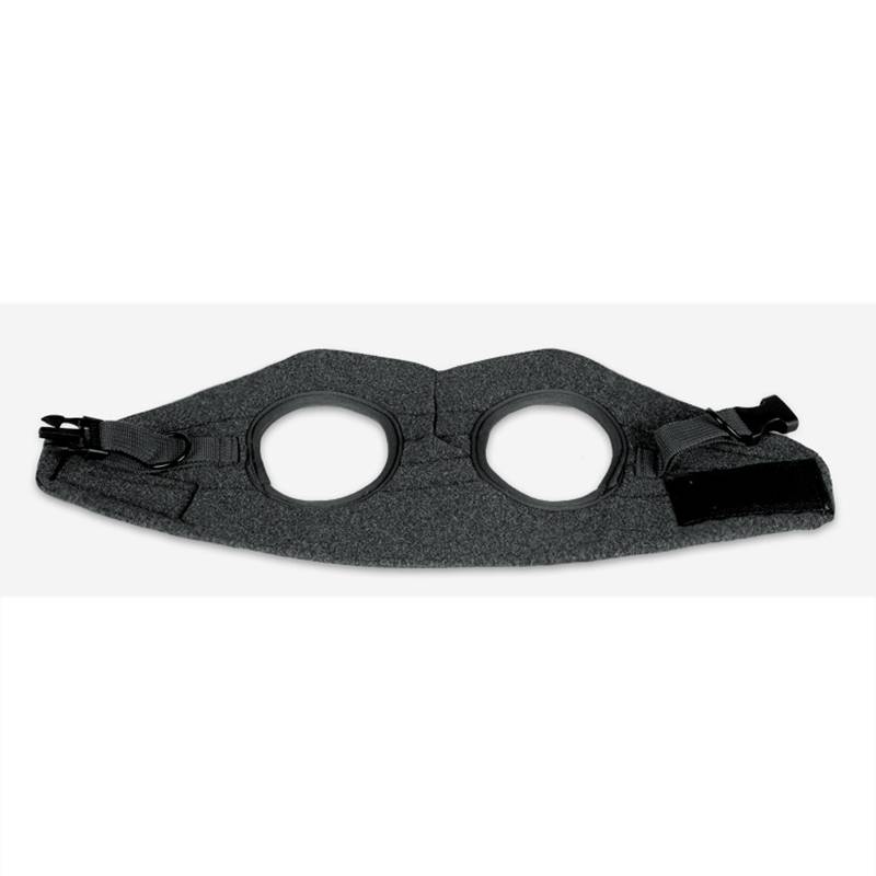 Graue gepolsterte Schutzbrille im Goggle-Stil mit zwei runden Augenseöffnungen und verstellbaren Seitenriemen, dargestellt auf weißem Hintergrund.